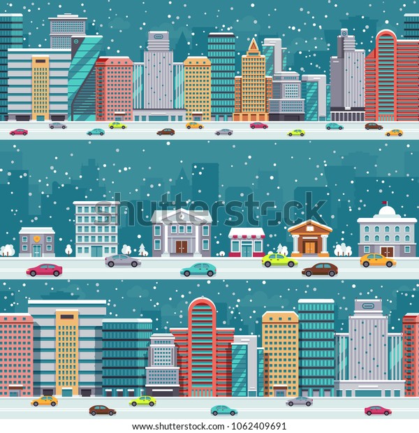 Winter city streets with cars and buildings.\
Christmas night cityscapes with snowfall set. Winter xmas cityscape\
street with car in road\
illustration