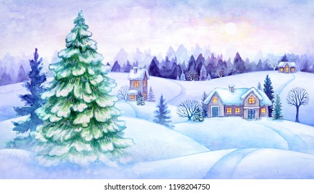 winter countryside view, Christmas fir trees, fairy tale village, snowy forest, rural landscape panorama, vintage greeting card, watercolor illustration - Powered by Shutterstock