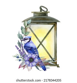 Winter Cozy Floral Decor With Blue Jay Bird And Vintage Lamp. Watercolor Illustration. Blue Jay With Vintage Lantern, Anemone Flower, Lavender, Eucalyptus, Juniper. Rustic Style Warm Cozy Decoration