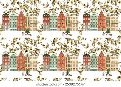 Winter day in cosy town street scene. Snowfall on Christmas eve. Raster illustration. Raster illustration. Buildings and facades. Classic European houses landscape with Christmas holiday decorations. - Powered by Shutterstock