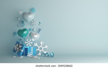 Winter Decoration Background With Heart Shape Balloon, Snowflakes, Gift Box, Copy Space Text, 3D Rendering Illustration