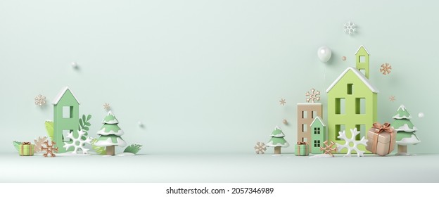 Winter decoration background with house building city, snowflakes, copy space text, 3D rendering illustration