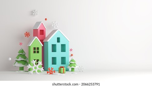 Winter decoration background with house building city, snowflakes, fir tree, copy space text, 3D rendering illustration