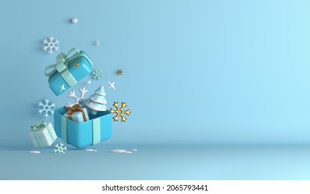 Winter decoration background with snowflakes, gift box, fir tree copy space text, 3D rendering illustration
