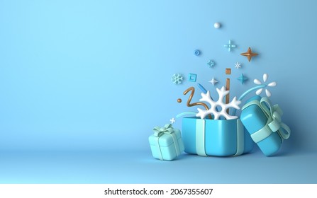 Winter decoration background with snowflakes, gift box, copy space text, 3D rendering illustration