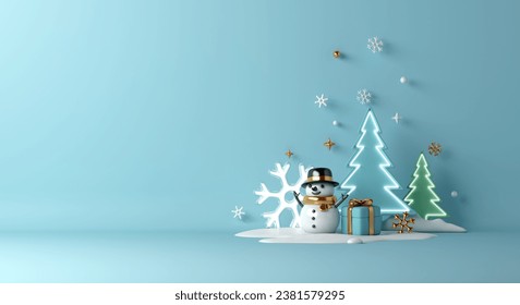 Winter decoration background with snowman, neon snowflake, spruce trees, gift box cartoon style, 3d rendering illustration - Powered by Shutterstock