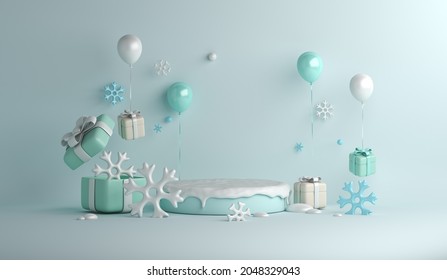 Winter display podium decoration background with balloon, snowflakes, gift box, copy space text, 3D rendering illustration