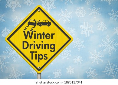 Winter Driving Tips Yellow Warning Road Sign With Car Crash On Blue Snowflakes 3D Illustration