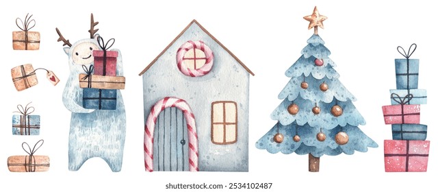 Winter fairy tale illustrations set - cute yeti with Christmas presents, decorated evergreen tree, xmas ornaments, cozy decorated house. Watercolor hand painted Christmas winter fantasy - Powered by Shutterstock