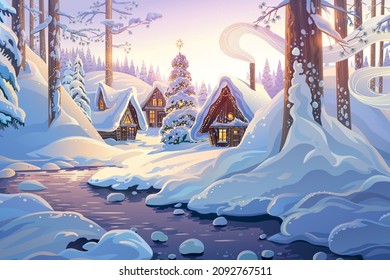 Winter fairy tale landscape, with houses and festive christmas fir tree, in a winter snowy forest. Raster illustration. - Powered by Shutterstock