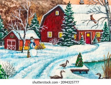 Winter. Farm Barn. Red Country House. Snowy Winter Forest. Snowman And Farm Animals Or Birds. Watercolor Painting. Acrylic Drawing Art. A Piece Of Art.