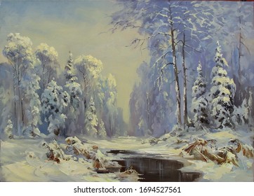 Winter Forest After Snowfall With A Small River And Reeds,oil Painting, Fine Art, Landscape, Trees, Winter, Snow, Water, Nature