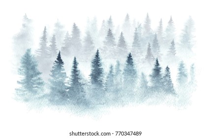 Winter forest in a fog painted in watercolor.