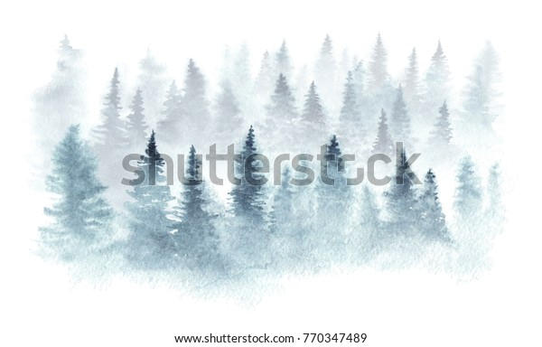 Winterwald In Einem Nebel Mit Aquarell Stockillustration