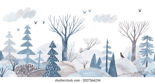 Winter Forest. Gouache Landscape. Children's Horizontal Poster. Horizontal Border. Seamless Pattern.