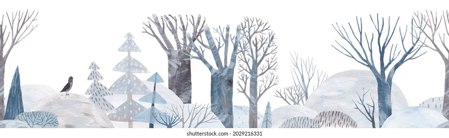 Winter Forest. Gouache Landscape. Children's Horizontal Poster. Horizontal Border. Seamless Pattern.