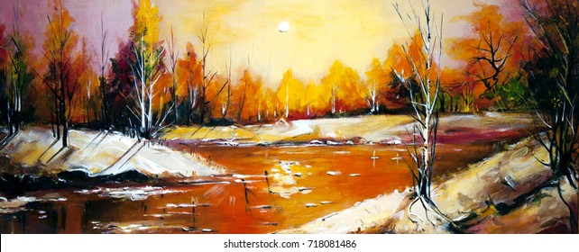 Winter forest landscape. Snowy forest in the red sunset. Oil painting for a postcard