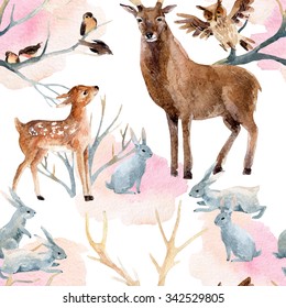 Winter Forest Seamless Pattern. Deer With Fawn, Rabbits, Birds In  Winter. Hand Painted Illustration On White Background