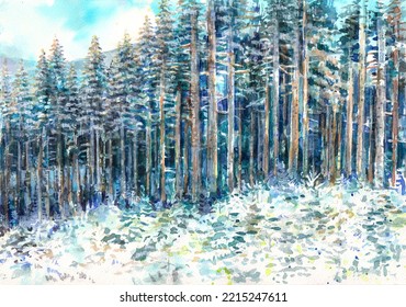 Winter Forest Snowy Christmas Woodland Painting