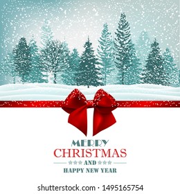 Winter Forest Snowy Landscape. Christmas Holiday Greeting Card With Congratulation Text.