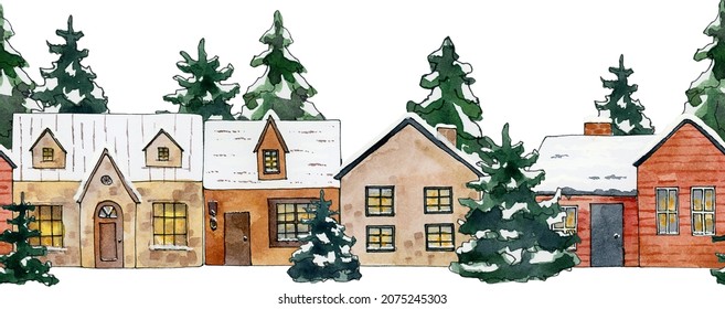 Winter Frame Clipart, Watercolor House Clip Art, Christmas Village Town Digital Border, Forest Landscape Background