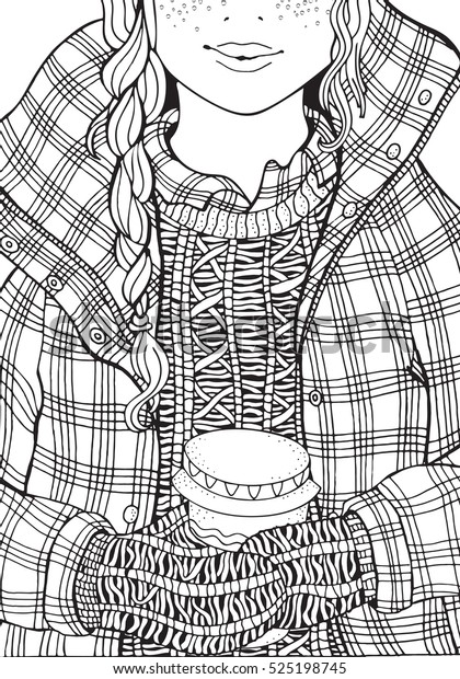 winter girl coffee adult coloring book stock illustration