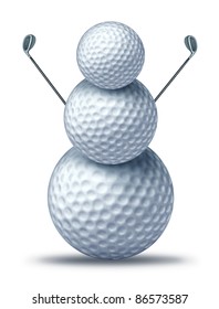 Winter golf symbol represented by golf balls placed to look like a snow man or snowman holding driver golf clubs showing winter holiday activities for seasonal sports leisure vacation at a resort.