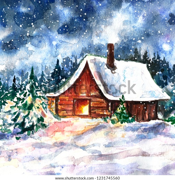 Winter Hand Drawn Landscape House Original Stock Illustration