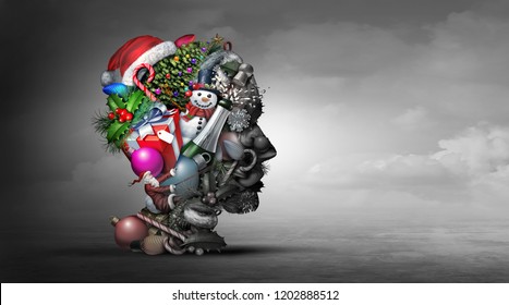 Winter Holiday Depression Psychology Or Psychiatry Mental Health Concept Representing Feeling Depressed During Christmas And New Year Season With 3D Illustration Elements.