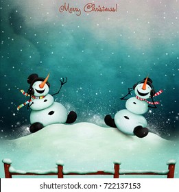 Winter Holiday Greeting Card With Two Cheerful Snowman Singing  Song. 