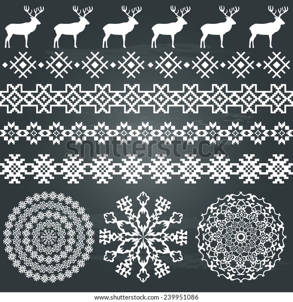 Winter holiday set in white color on chalkboard\
background. Deer and snowflakes borders, ethnic borders and round\
patterns. Could be used for web, cards, decorations, etc. Raster\
version 