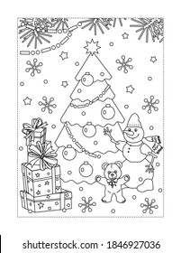 Winter Holidays, Christmas, Or New Year  Coloring Page With Decorated Tree, Gifts, Snowman And Teddy Bear