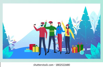 Winter holidays of people raster. Landscape forest with pine trees and foliage, snowy hills. Friends taking selfie with presents. Man and woman celebrating new year and christmas. Website or webpage - Powered by Shutterstock