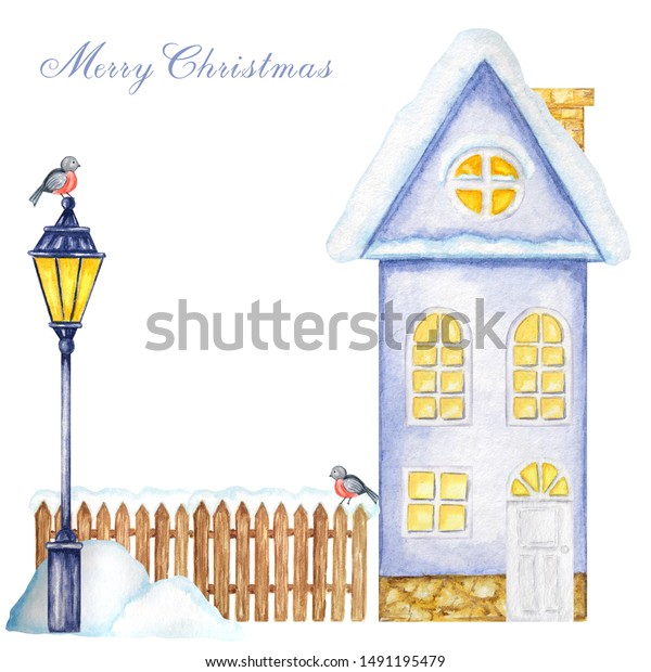 Winter House, brown wooden fence with snow,\
luminous Street Lamp, snowdrifts and Bullfinch bird couple. Front\
view. Cartoon Watercolor Greeting card, poster, banner concept with\
copy space for\
text.
