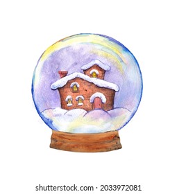 Winter House In Christmas Snowglobe. Watercolor Ball With Snow, Globe With Xmas  Landscape