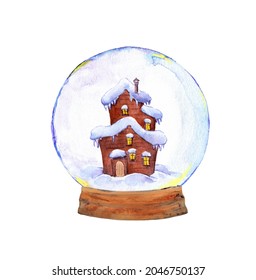 Winter House In Snowglobe, Snowball. Watercolor Illustration With Magic Ball With Rural, Village Building In Snow Globe