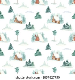 Winter Houses In Pine And Fir Forest On White Background. Watercolor Seamless Pattern