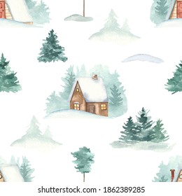 Winter Houses In Pine And Fir Forest On White Background. Watercolor Seamless Pattern