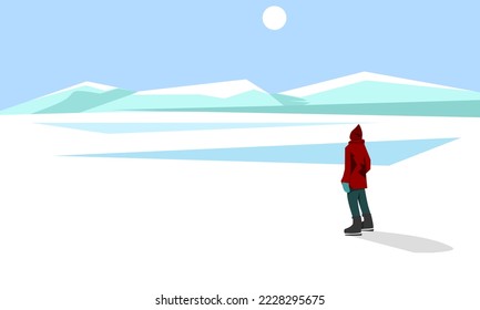Winter illustration, view of people when it snows