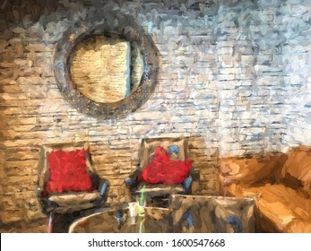 A Winter Indoor Scene Of A Stone Wall And Mirror With Chairs And Red Pillows.