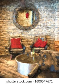 A Winter Indoor Scene Of A Stone Wall And Mirror With Chairs And Red Pillows.