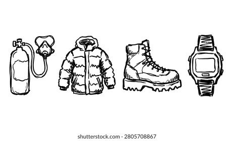 Winter jacket boot bottle and watch outline set for cold weather gear.