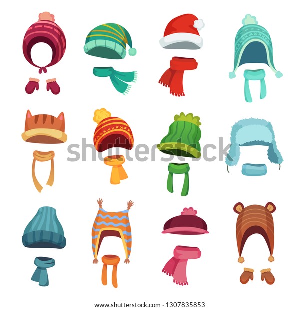 冬の子どもの帽子 暖かい子ども用の帽子とスカーフ 男の子と女の子 用のヘッドウェアと秋のスカーフアクセサリー モバイルアプリケーション用のニットの帽子の洋服 マンガのアイコンセット のイラスト素材