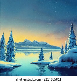 A Winter Lake Scene With A Mountain, Cartoon Art 