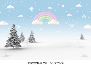 Winter landscape background with falling snow on sunny day for Christmas and New Year in pastel tone colors. 3D rendering.