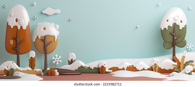 Winter Landscape Background With Snow, Trees Cartoon Style, 3d Rendering Illustration