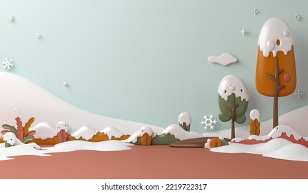 Winter Landscape Background With Snow, Trees Cartoon Style, 3d Rendering Illustration