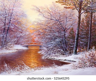 Winter Landscape With The Bridge.Original  Oil Painting.