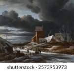 Winter Landscape (c. 1665) by Jacob Isaacksz van Ruisdael. Vintage winter landscape drawing illustration. Vintage winter nature scenery art drawing illustration, old nature painting art print.