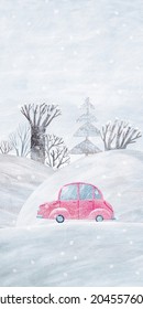 Winter landscape. Winter card. Gouache illustration. Red car rides in the snow.